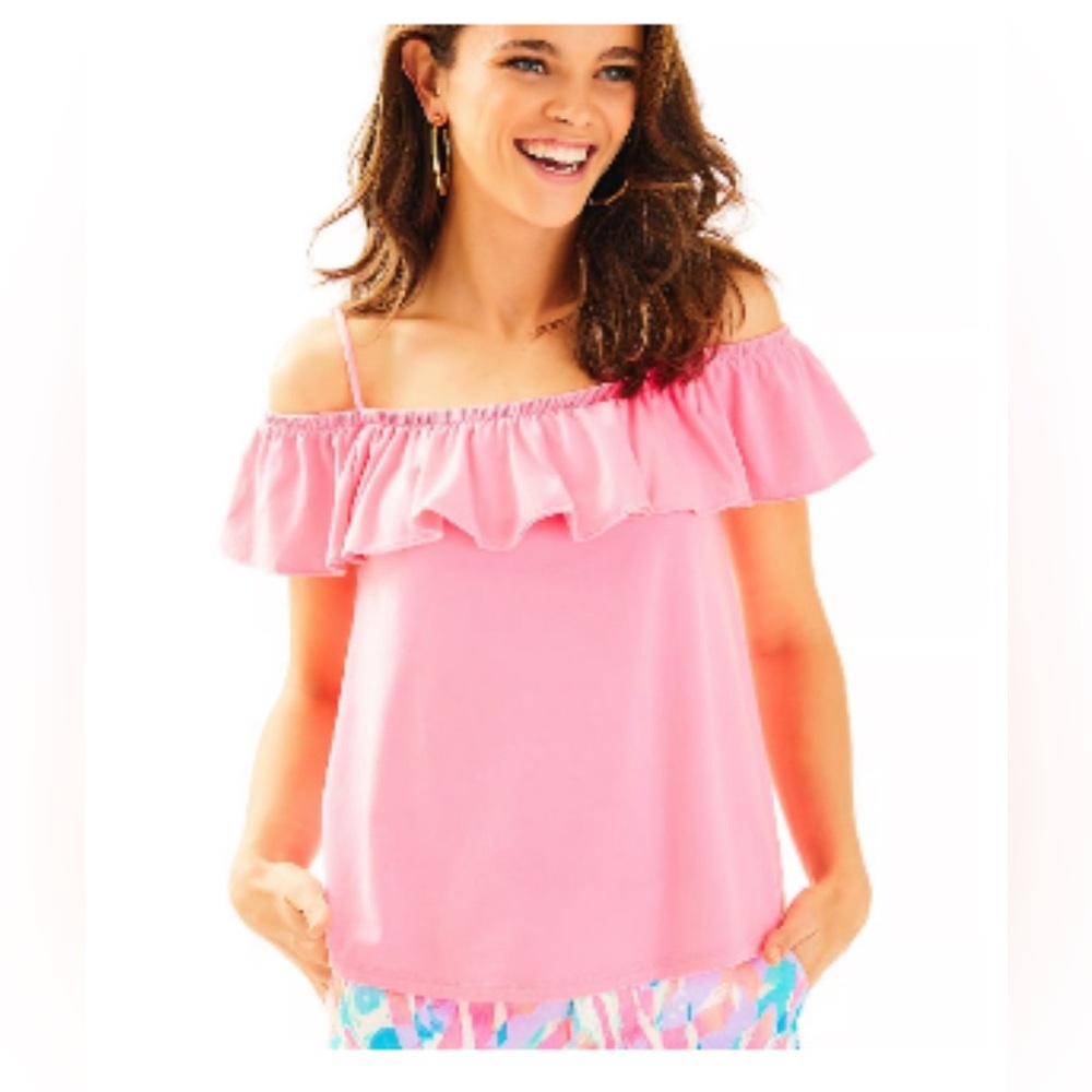 Lilly Pulitzer Tamiami off the shoulder ruffle top in Paradise Pink